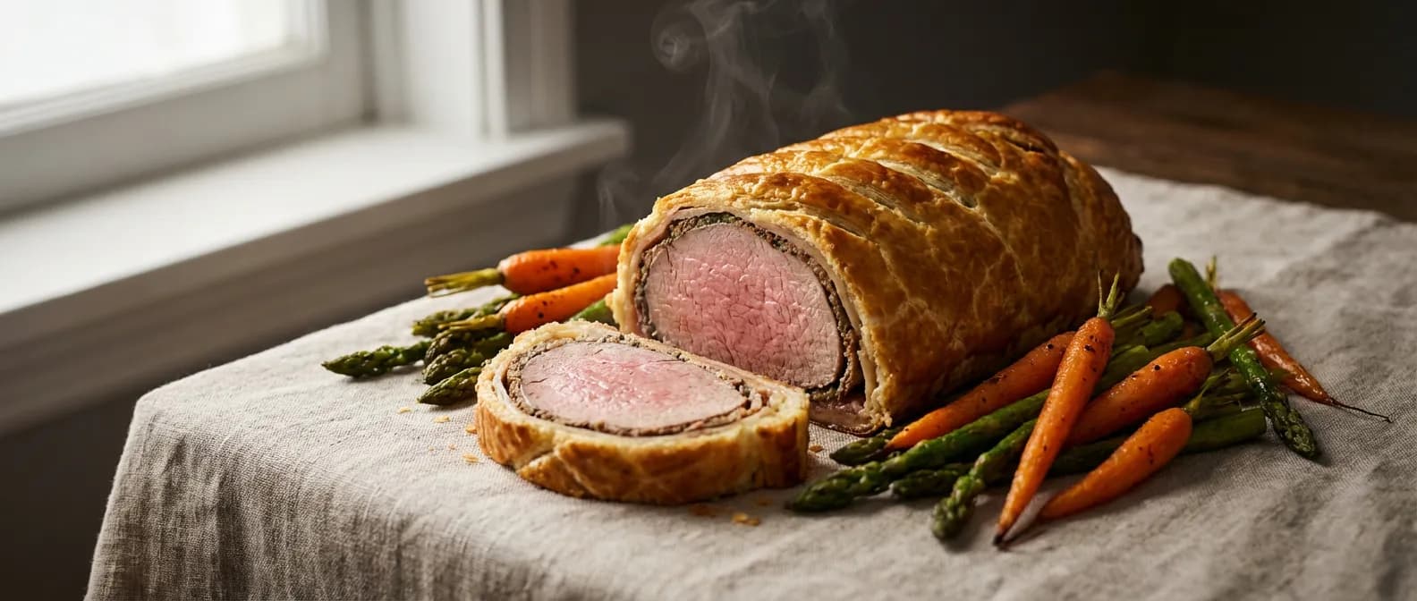 Le filet mignon en croûte idéal et ses accompagnements Filet mignon en croûte doré à la perfection avec légumes rôtis pour un repas de gourmet.