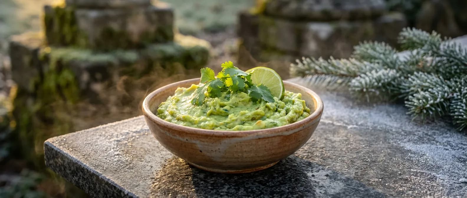 Guacamole frais et conservation optimale Un bol de guacamole vert éclatant sur une table en pierre sombre avec un éclairage cinématographique
