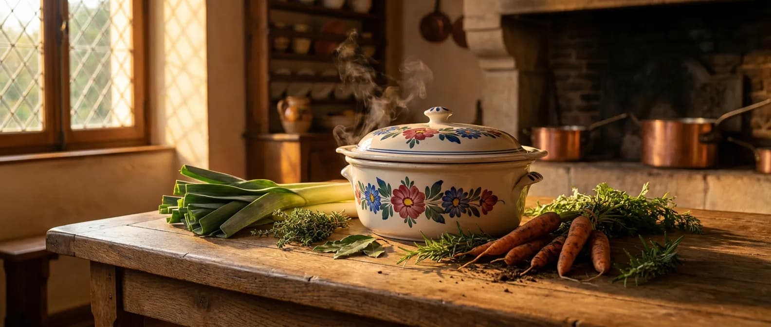 L'élégance de la cuisine traditionnelle en plat à baeckeoffe Un plat à baeckeoffe traditionnel fumant sur une table en bois dans une cuisine rustique