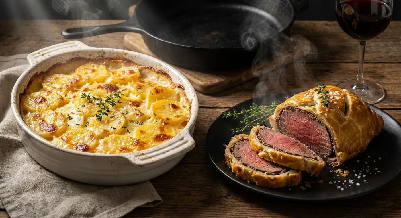 Gratin généreux pour accompagner le filet mignon Gratin dauphinois onctueux servi en accompagnement d'un filet mignon en croûte.