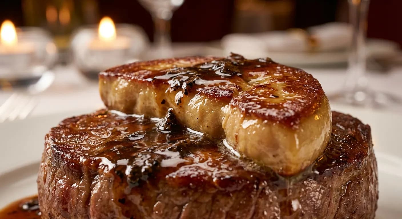 L'opulence du tournedos Rossini au foie gras Détail d'un tournedos Rossini avec foie gras poêlé et sauce à la truffe
