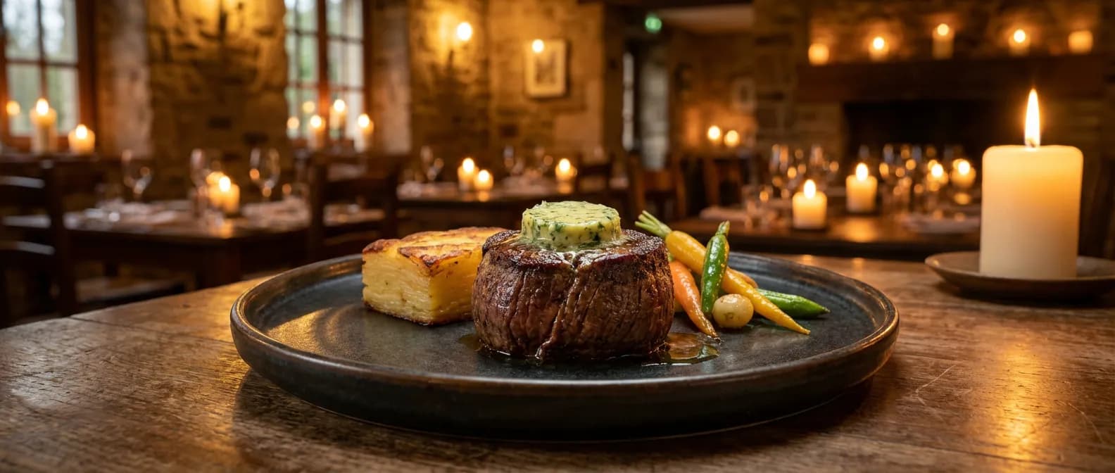 Le tournedos de bœuf dans toute son excellence festive Tournedos de bœuf gastronomique servi avec des accompagnements élégants et une sauce onctueuse