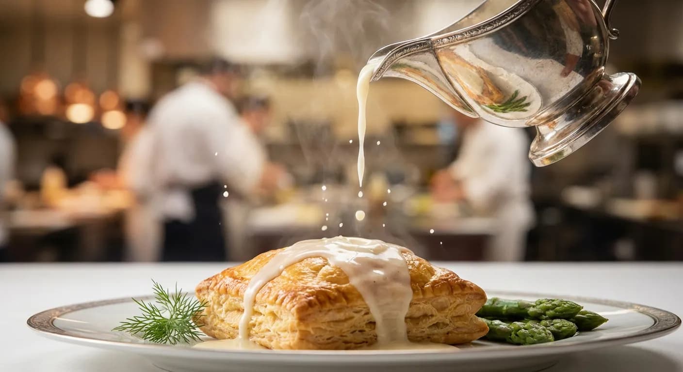 Sauce blanche pour accompagner le saumon Nappage d'une sauce onctueuse sur un feuilleté au saumon frais.