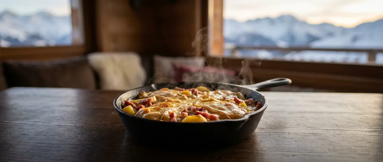 Une tartiflette onctueuse et dorée prête à être dégustée Tartiflette savoyarde traditionnelle gratinée dans un plat en fonte sur une table de chalet