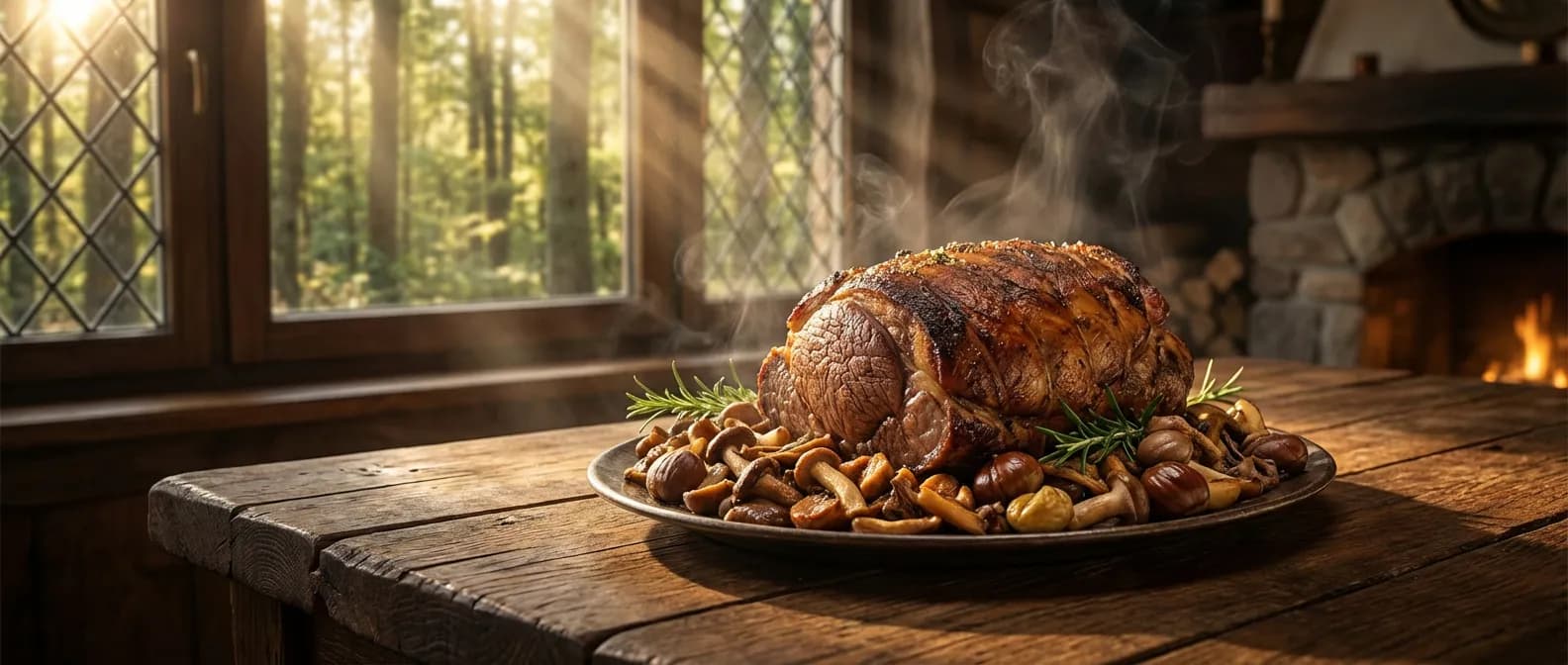 Le triomphe culinaire du sanglier et ses accompagnements forestiers Plat gastronomique de sanglier rôti avec champignons des bois et châtaignes