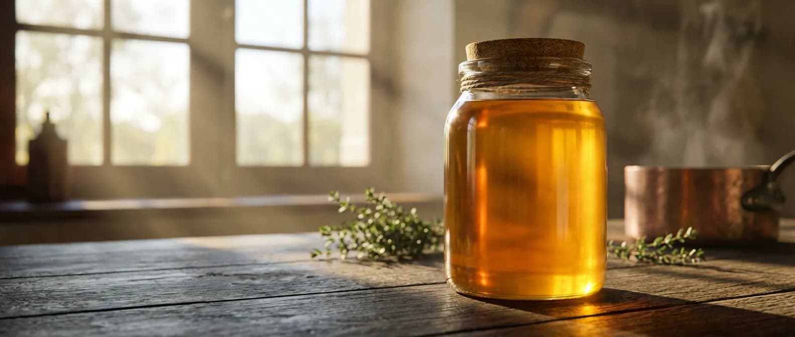 L'élégance de la conservation de la graisse de canard Bocal en verre de graisse de canard dorée sur une table en bois rustique dans une cuisine ensoleillée