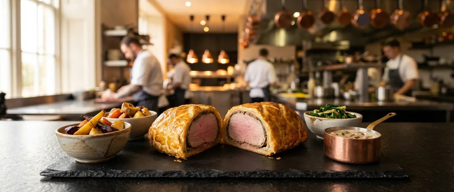 L'art du filet mignon en croûte et ses garnitures raffinées Filet mignon en croûte parfaitement doré avec ses accompagnements élégants sur une table de fête.