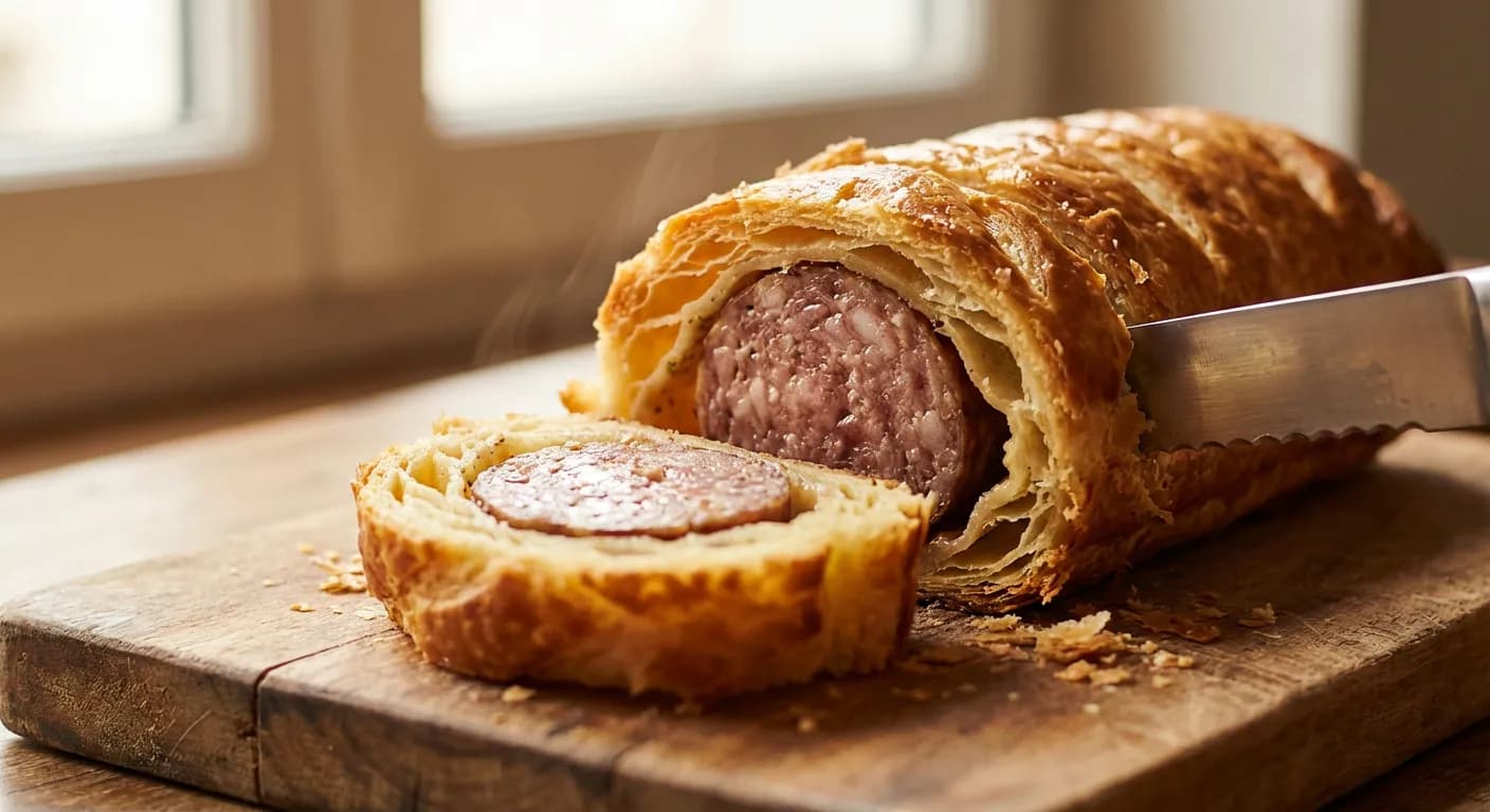 Le classique saucisson brioché fait maison Coupe transversale d'un saucisson brioché doré et croustillant