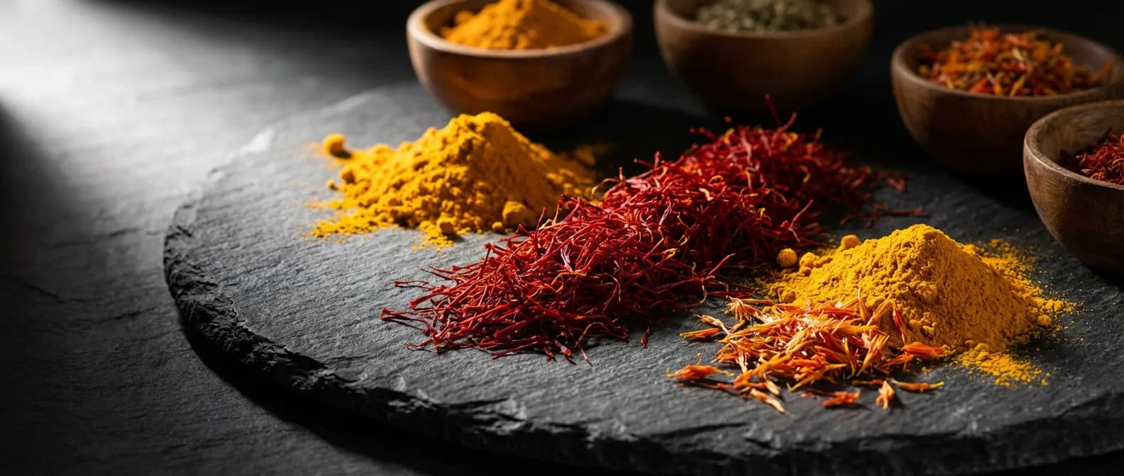 Substituts luxueux au safran pour la cuisine Vue cinématographique de filaments de safran et de poudres d'épices dorées sur une assiette en pierre noire.