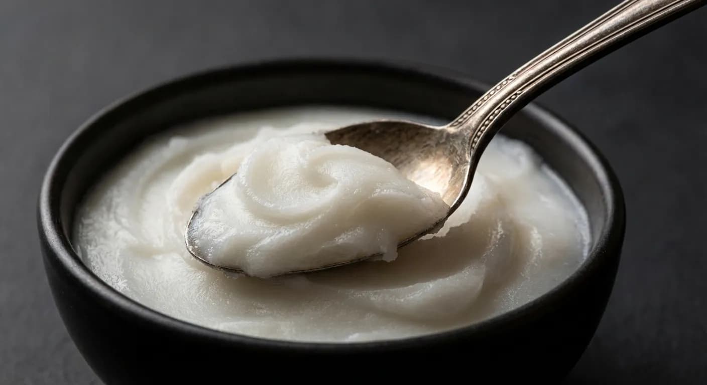 Que faire de la graisse de canard confit ? Astuces Gros plan d'une cuillère prélevant de la graisse de canard crémeuse sur fond sombre.