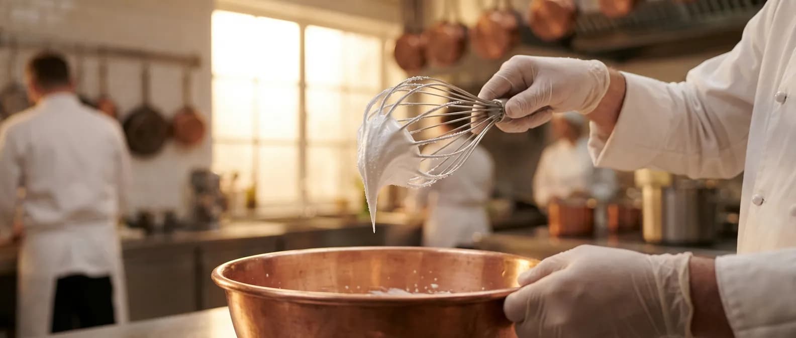 L'art de la meringue ferme et brillante Une meringue parfaitement montée et brillante avec un pic ferme sur un fouet de cuisine.