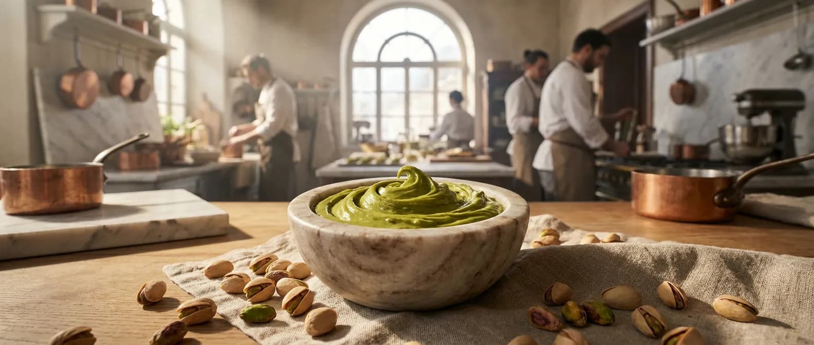 L'excellence de la pâte de pistache pour pâtisserie fine Pâte de pistache de luxe coulante dans un bol en marbre avec pistaches entières