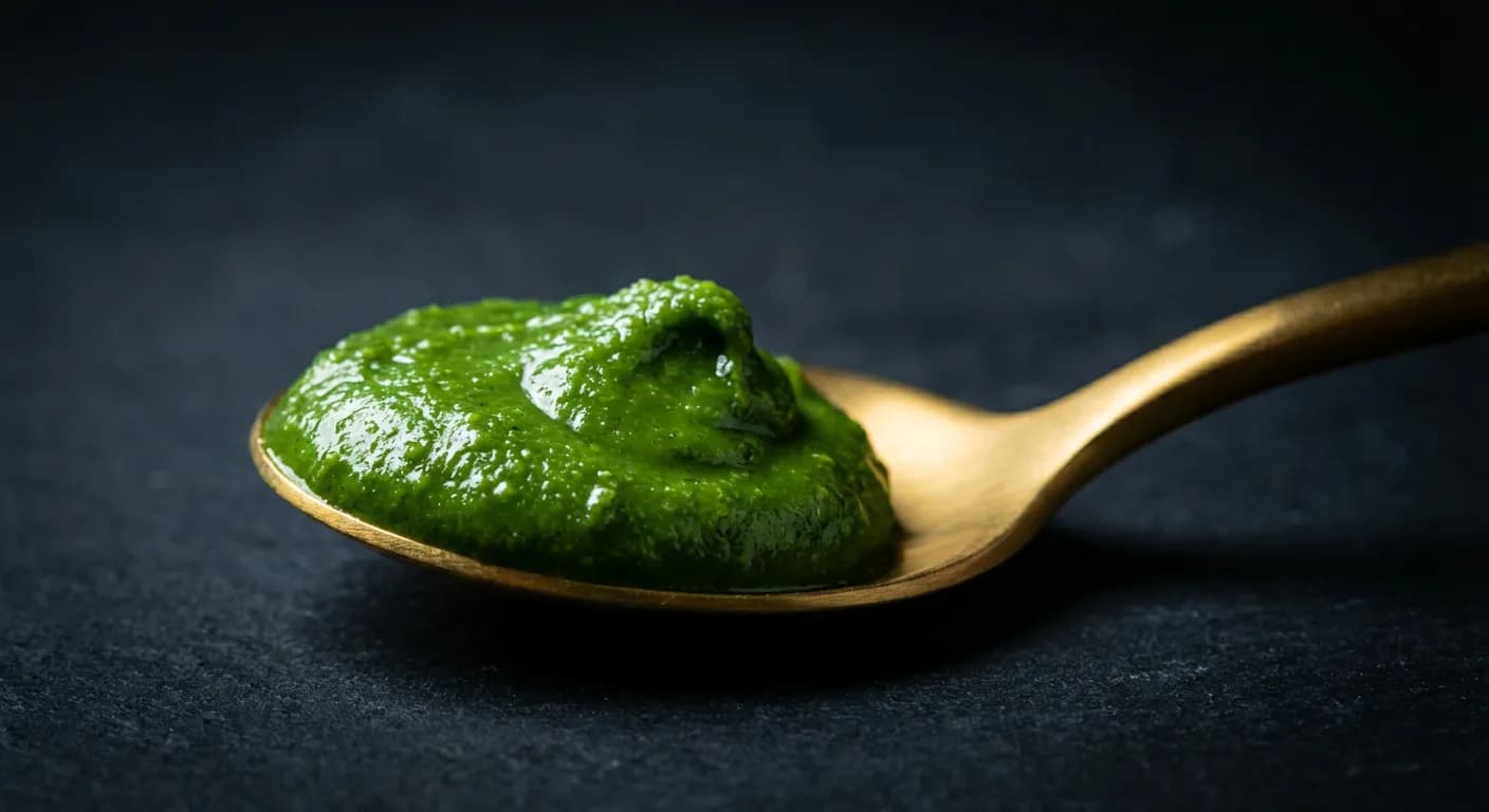 Où trouver la pâte de pistache de qualité ? Le Guide Cuillère de pâte de pistache onctueuse sur fond sombre