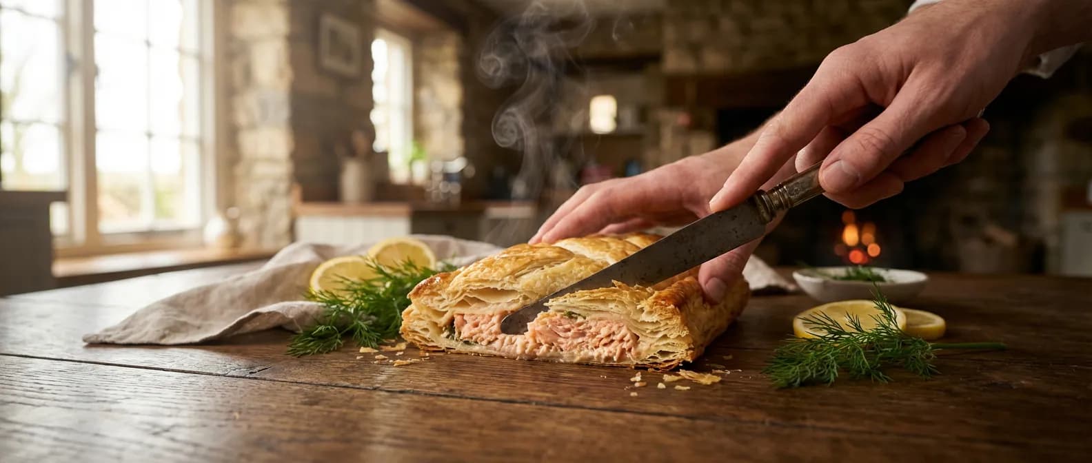 Art culinaire : le feuilleté au saumon en croûte Un feuilleté au saumon doré et croustillant servi sur une table élégante pour un repas gastronomique.