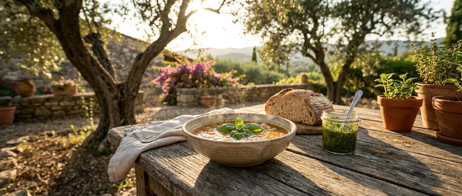 Bannière gastronomique soupe au pistou et ambiance provençale Soupe au pistou fumante servie sur une table rustique en Provence au coucher du soleil