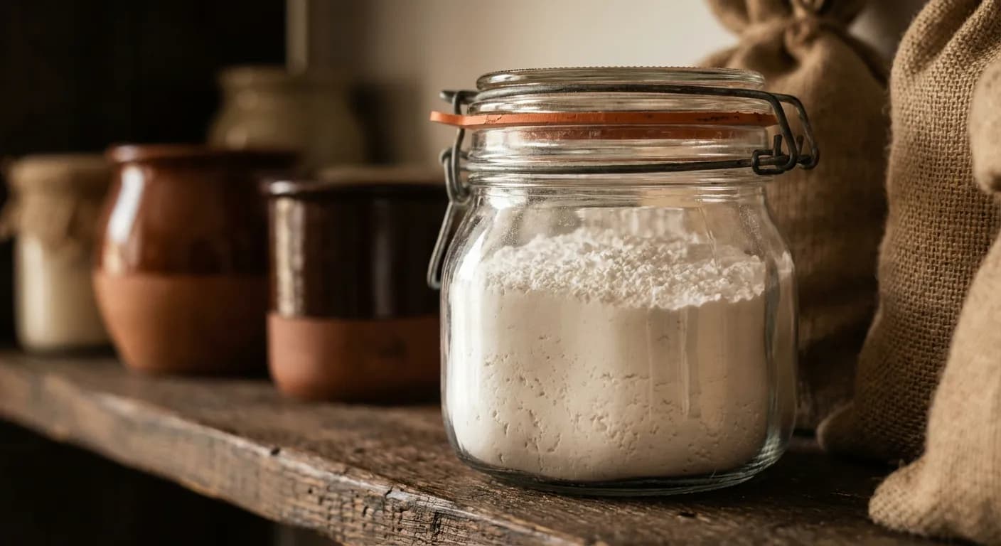 Méthode de stockage optimale pour le sucre Sucre glace stocké dans un bocal hermétique en verre sur une étagère en bois