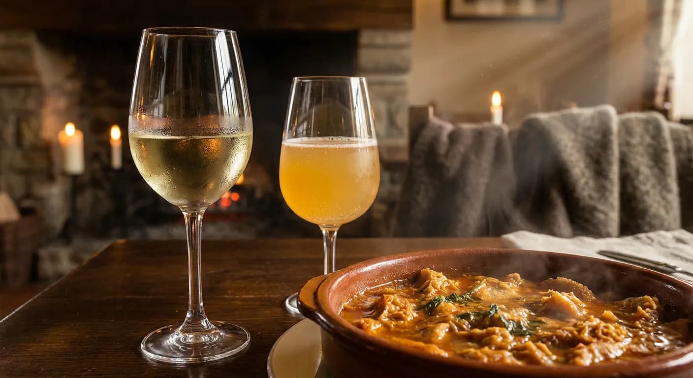 Accords mets et vins pour les tripes Verres de cidre et de vin blanc servis avec un plat de tripes pour un accord parfait