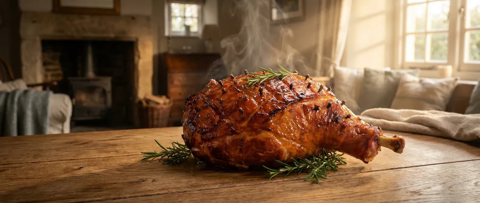 Le jambon à l'os parfait pour vos convives Jambon à l'os rôti et glacé présenté sur une table festive avec un éclairage cinématographique