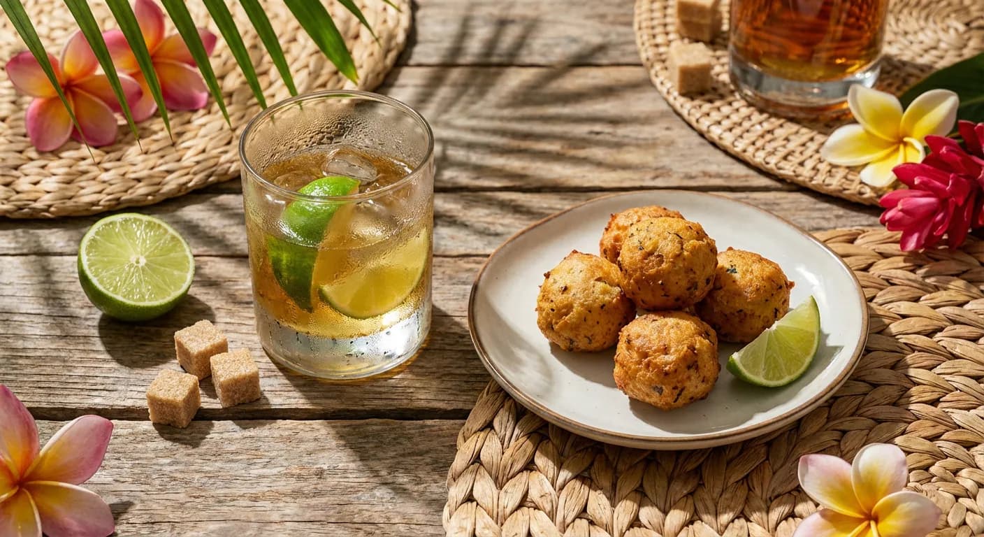 Boissons et accords parfaits pour un repas antillais Un verre de Ti-Punch traditionnel servi avec des accras de morue frais