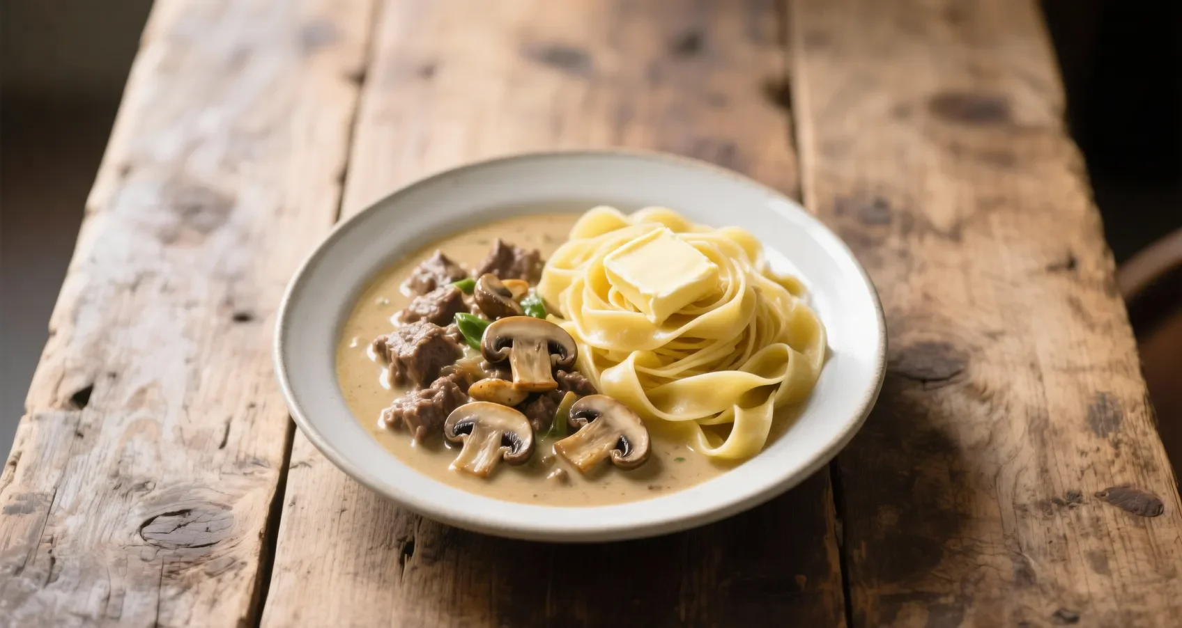 Blanquette de veau servie avec des tagliatelles et champignons poêlés, vue de dessus