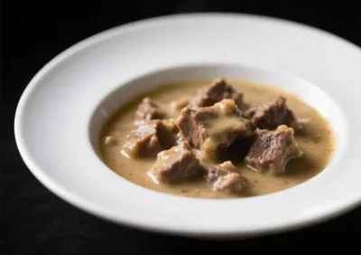 Gros plan sur une blanquette de veau onctueuse dans un bol blanc