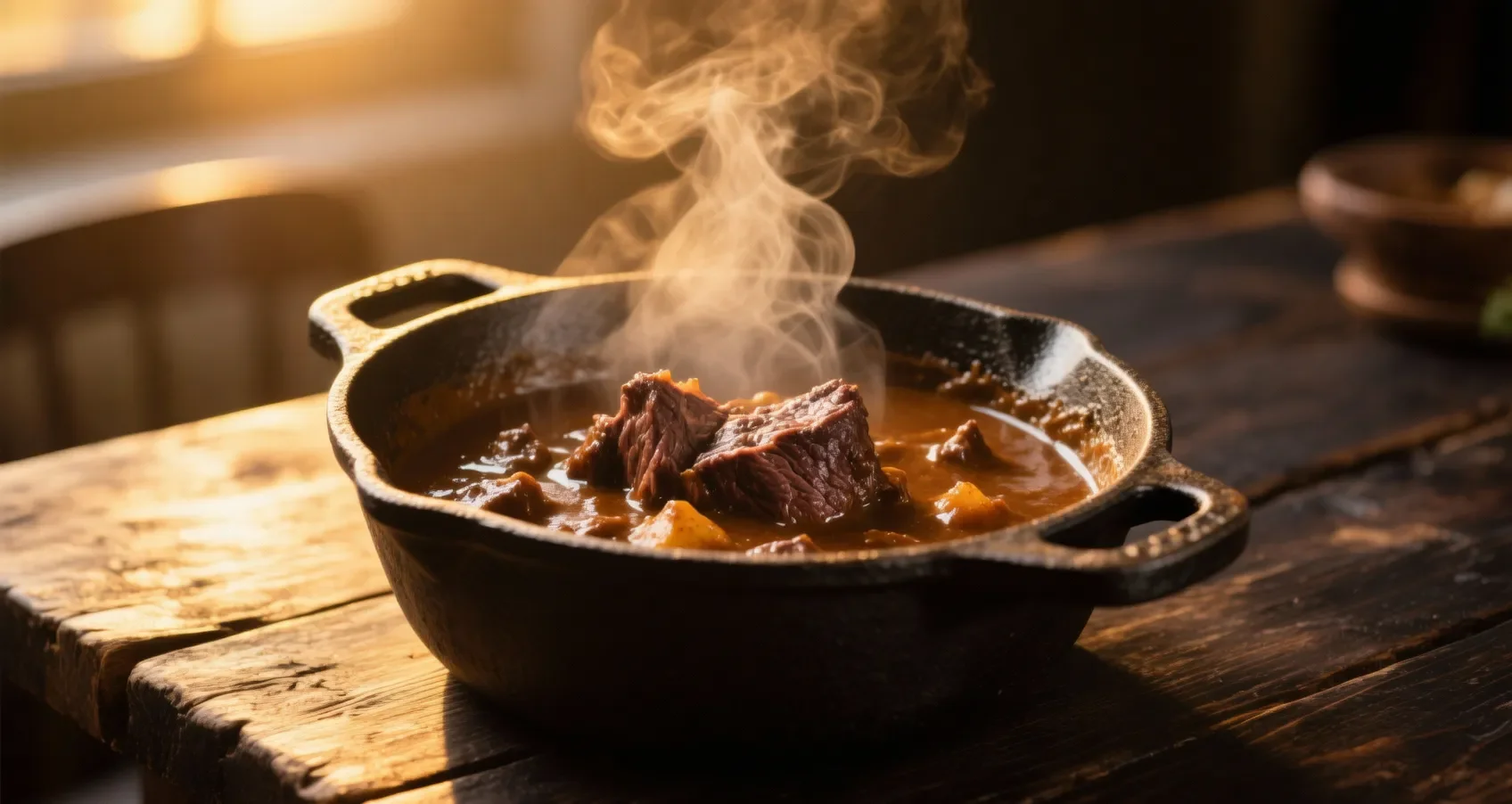 Bœuf bourguignon mijoté dans une cocotte en fonte, prêt à être servi avec des accompagnements gourmands