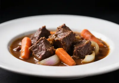 Gros plan sur un bœuf bourguignon avec carottes et oignons, sauce onctueuse