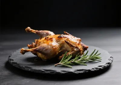 Caille rôtie sur assiette sombre avec branche de romarin