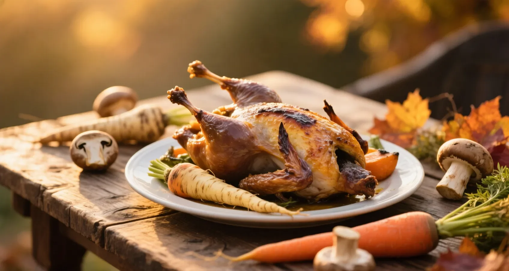 Cailles rôties dorées sur une planche en bois avec des légumes d'automne