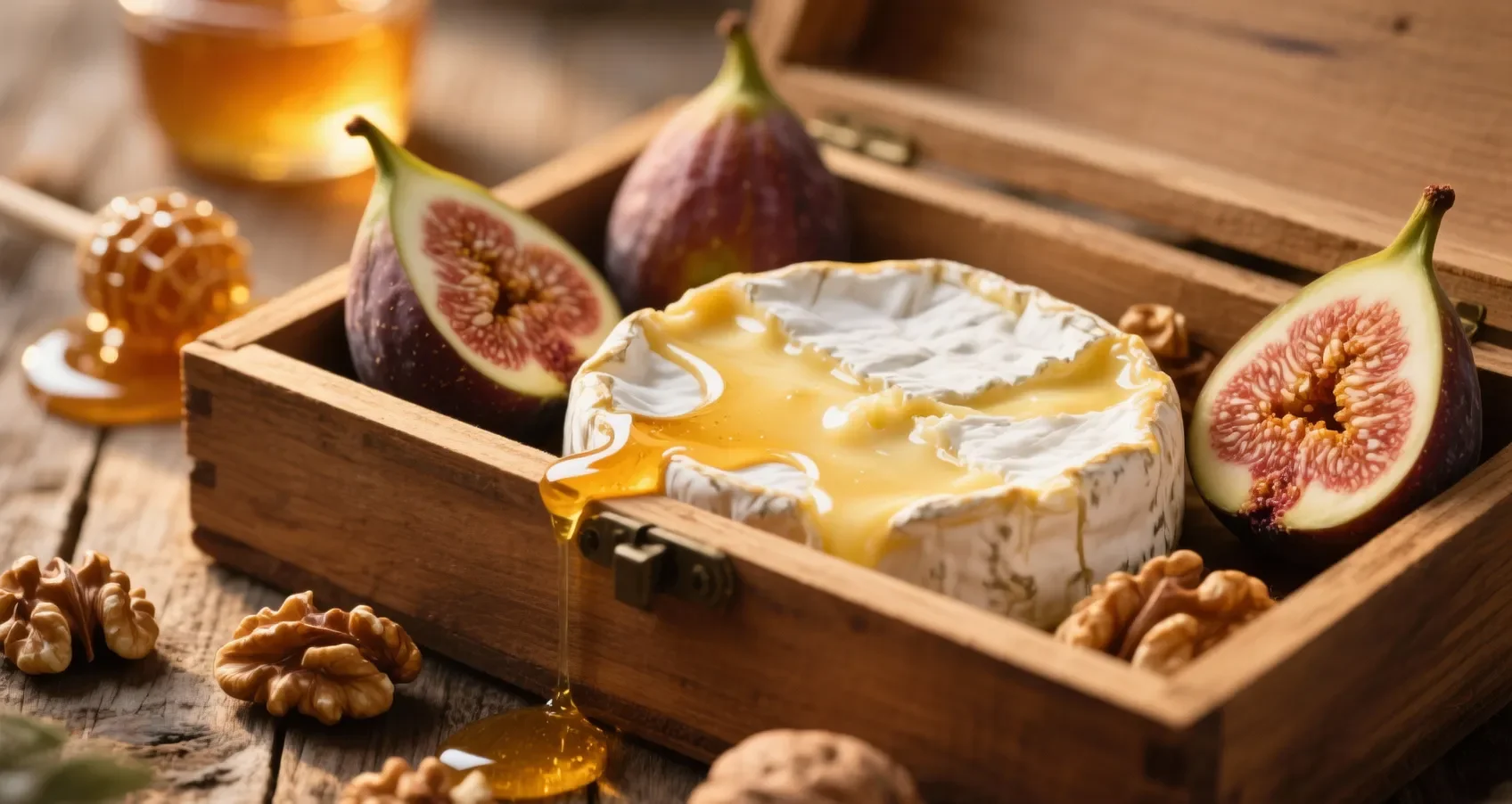 Camembert au four doré et fondant dans sa boîte en bois, accompagné de figues fraîches et de noix