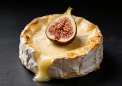 Gros plan sur un camembert au four doré avec une tranche de figue