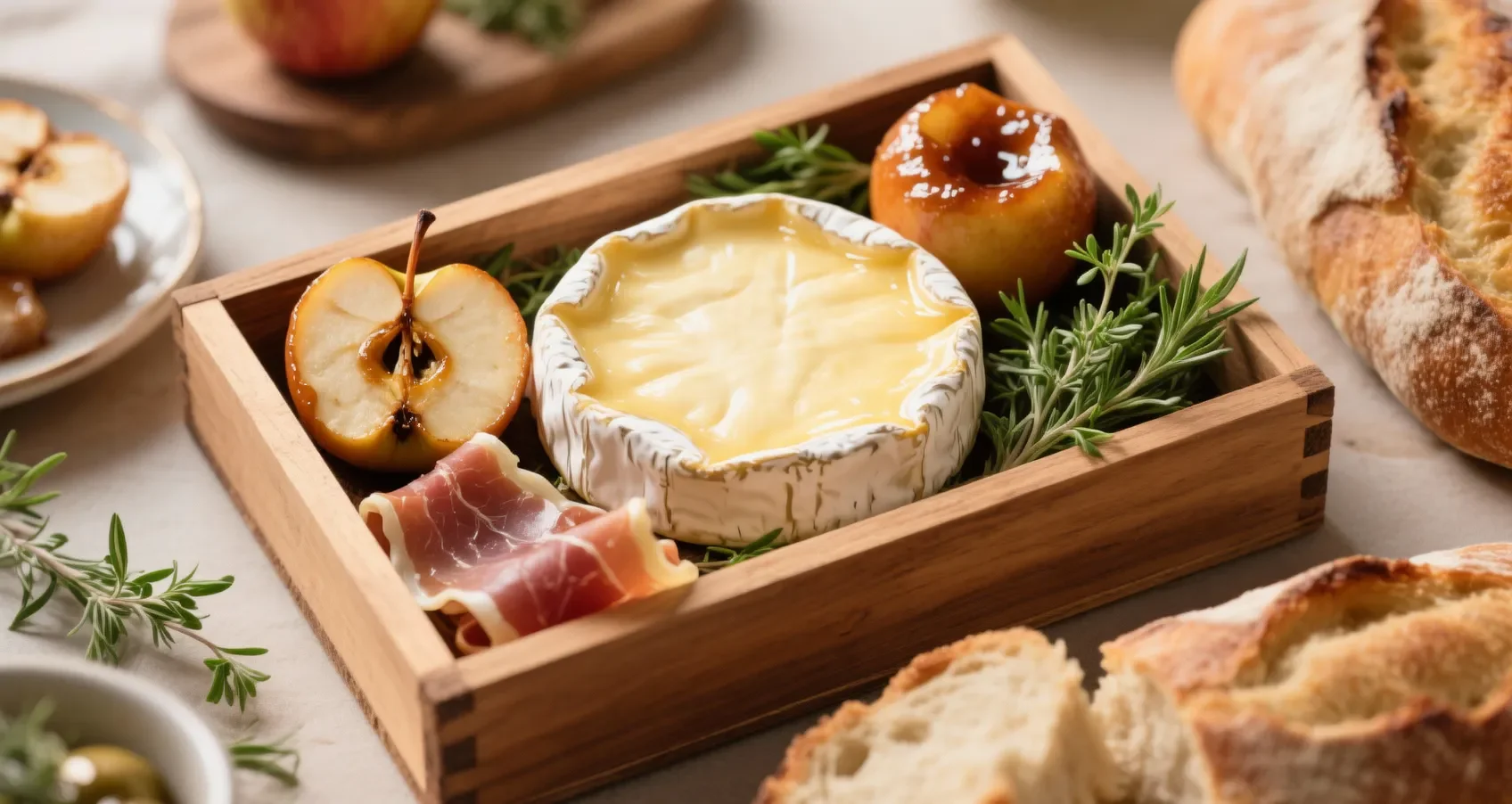 Vue du dessus d'un camembert au four entouré d'accompagnements gourmands comme des pommes caramélisées et du jambon cru