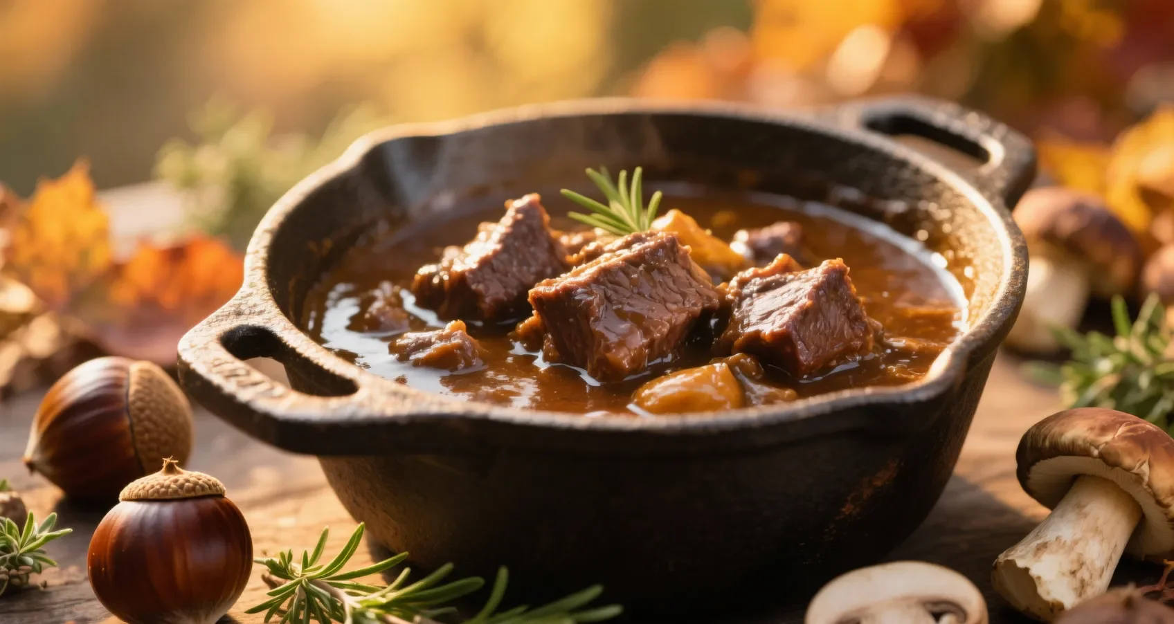 Civet de lièvre dans une cocotte en fonte avec des marrons et des champignons