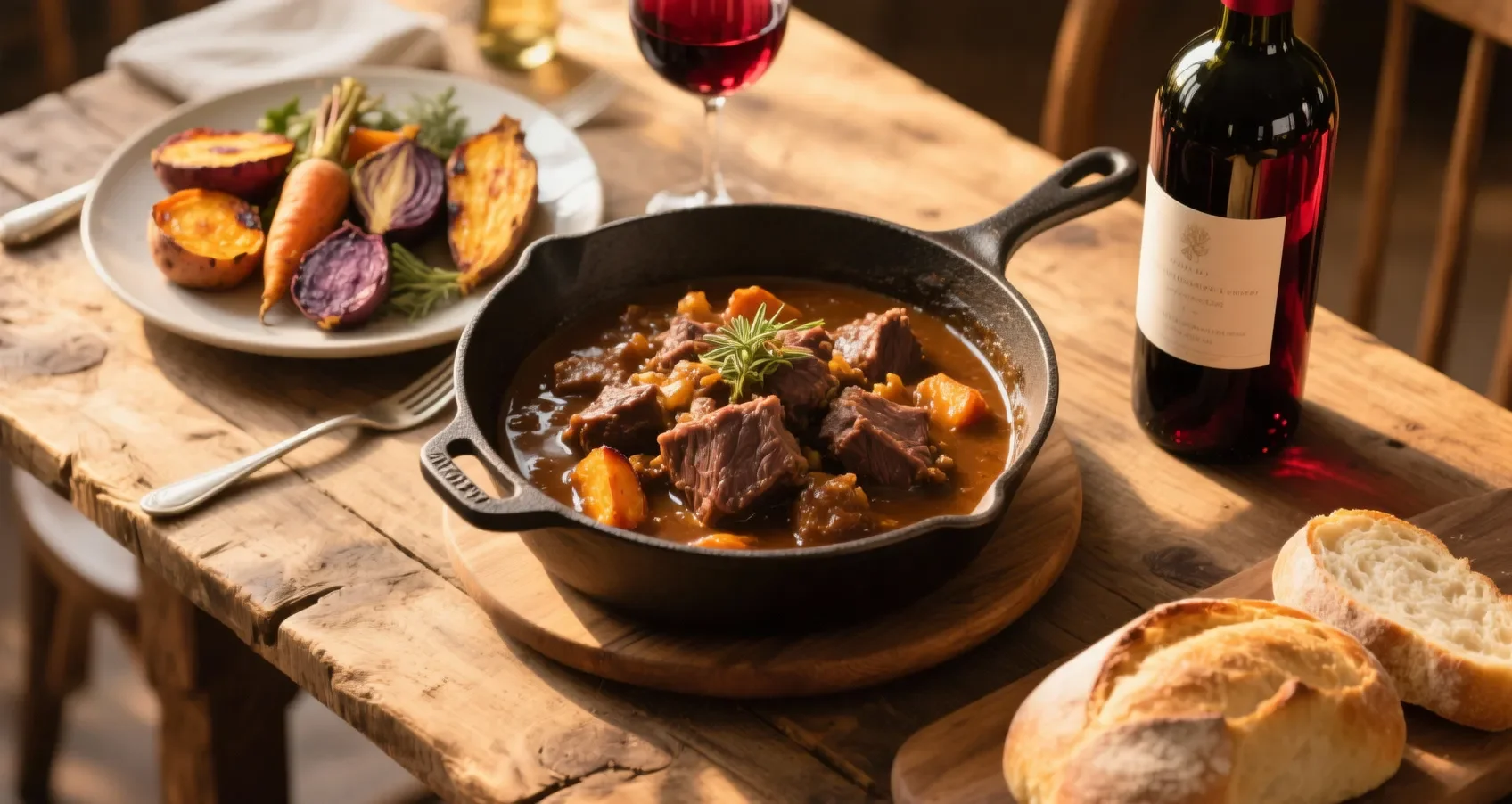 Table dressée pour un repas avec civet de lièvre et accompagnements