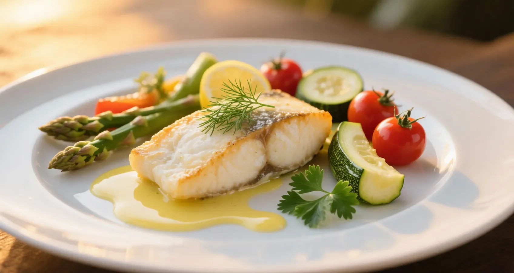 Accompagnement dos de cabillaud : une assiette élégante et savoureuse Dos de cabillaud parfaitement cuit accompagné de légumes de saison et d'une sauce au citron