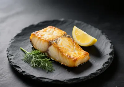 Gros plan sur un dos de cabillaud doré à la poêle avec citron et aneth