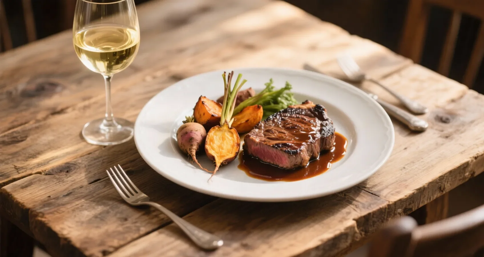 Foie gras poêlé accompagné de légumes rôtis et d’un verre de vin blanc sur une table en bois