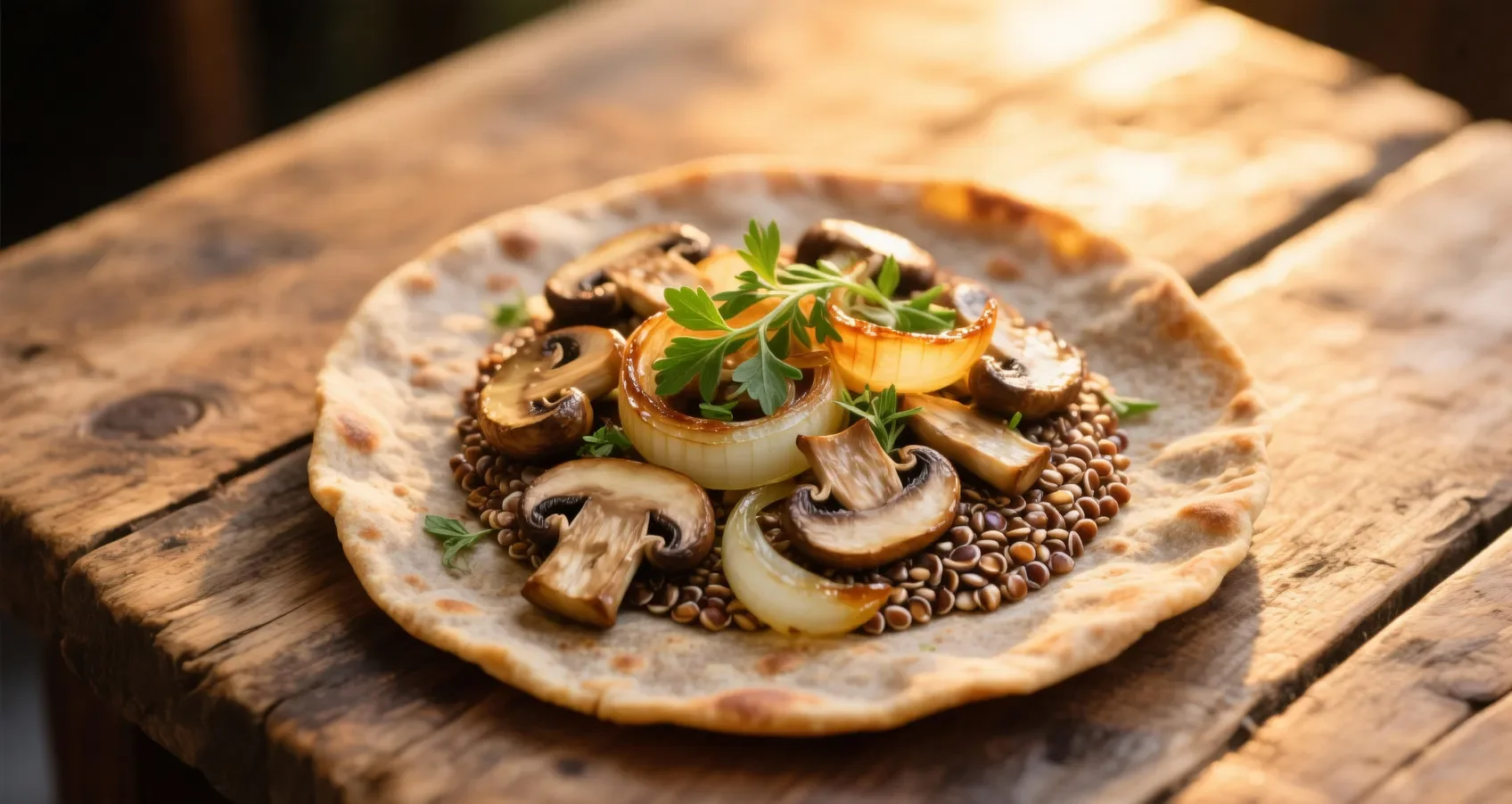 Galette bretonne aux champignons : un accompagnement gourmand Galette bretonne garnie de champignons poêlés et d'oignons caramélisés