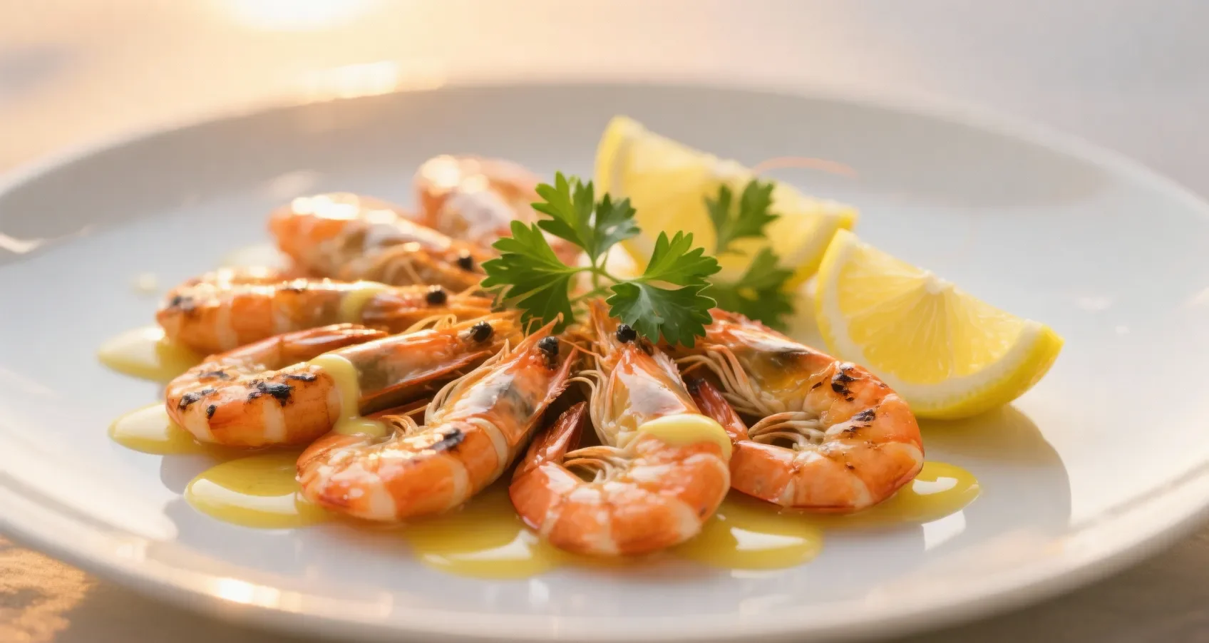 Assiette élégante de gambas grillées avec sauce au citron et persil, présentation raffinée