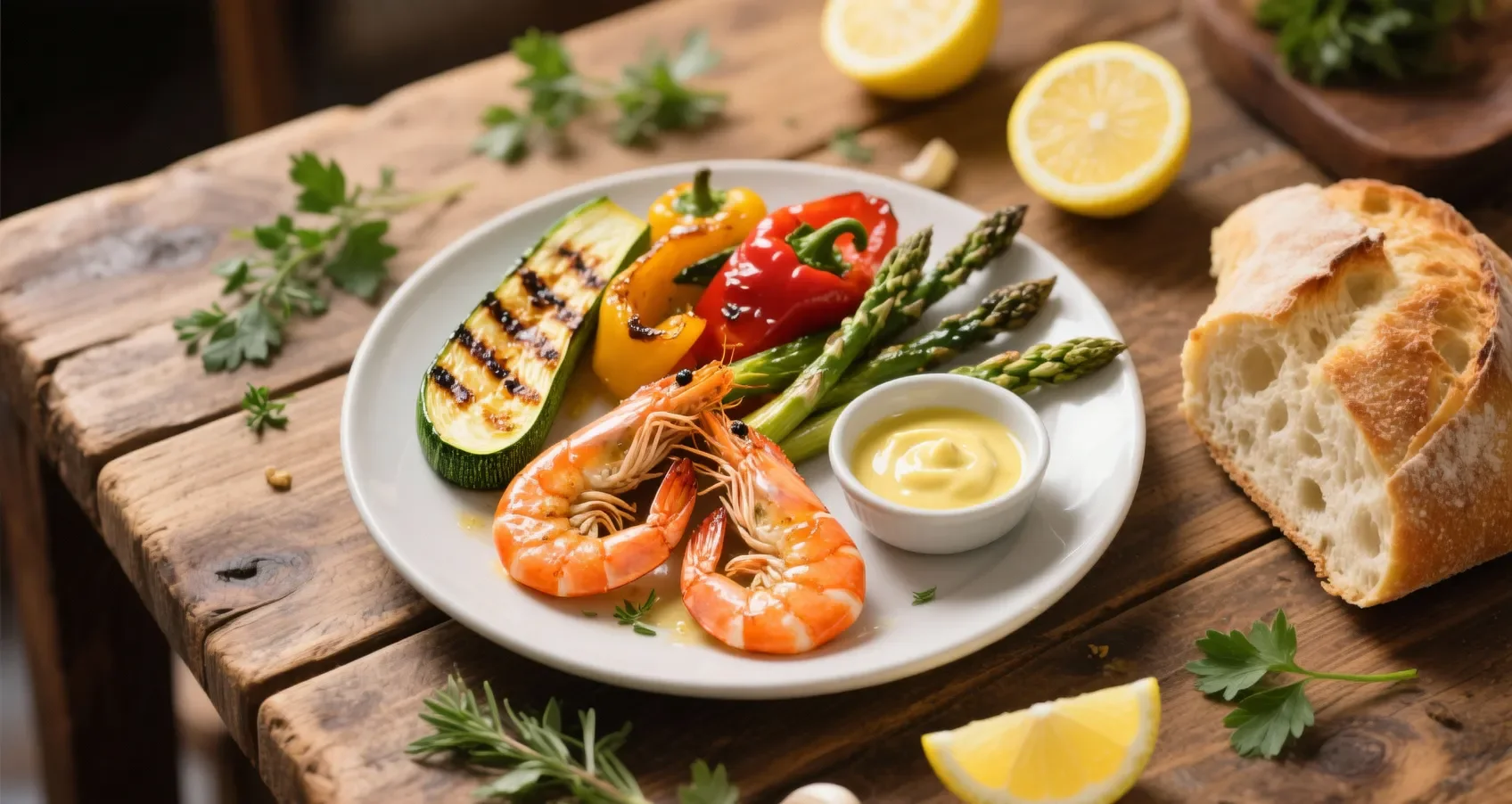 Gambas grillées servies avec légumes grillés, sauce à l'ail et pain croustillant sur une table en bois