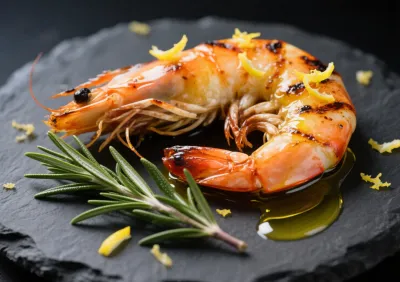 Gambas grillées sur une ardoise noire avec zestes de citron et romarin
