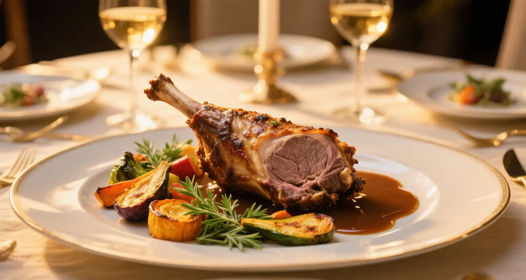 Gigot d'agneau rôti accompagné de légumes de saison et d'une sauce onctueuse, présenté dans un cadre élégant