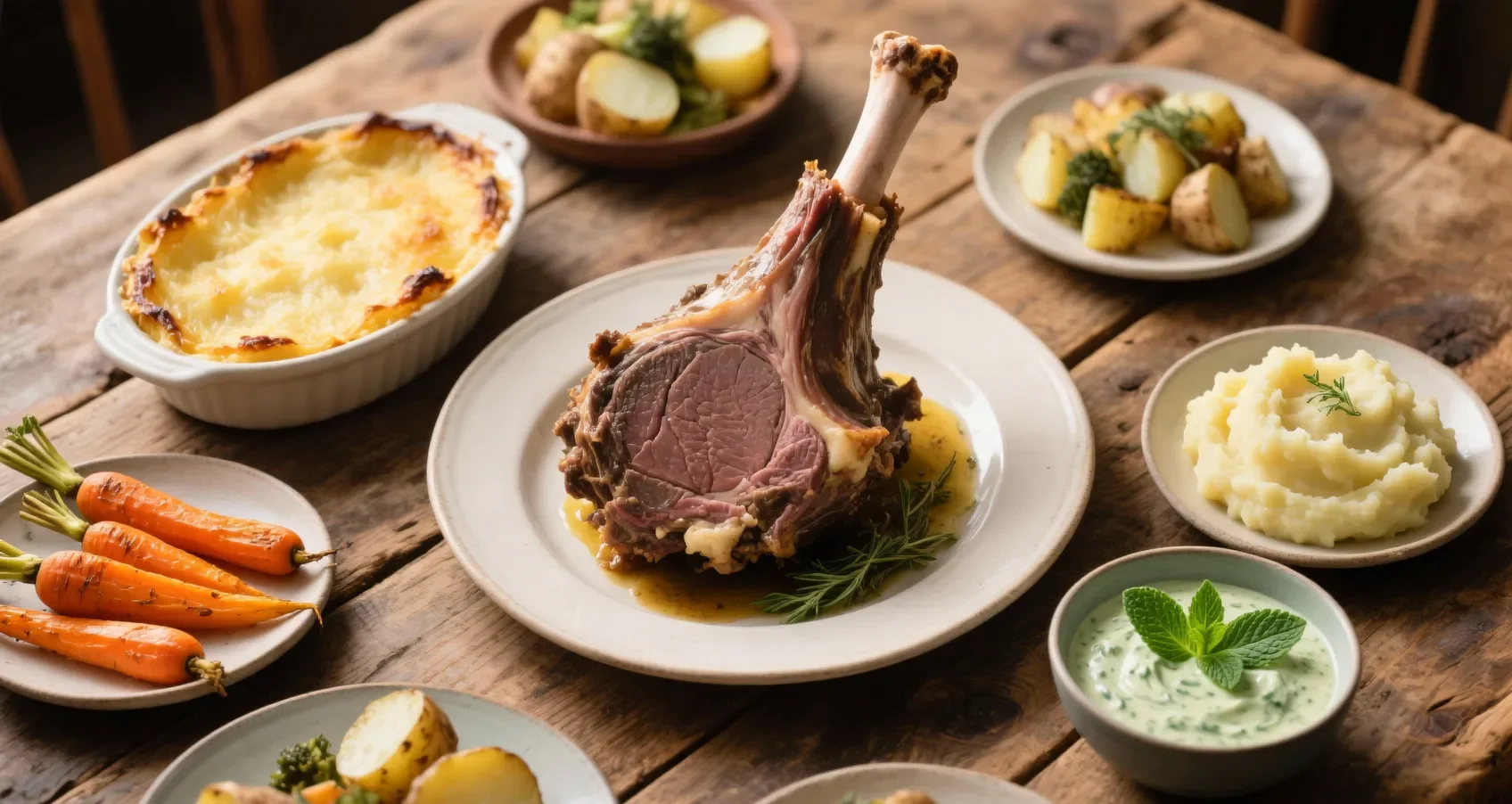 Table rustique avec un gigot d'agneau et ses accompagnements variés : gratin dauphinois, carottes rôties et purée de céleri-rave