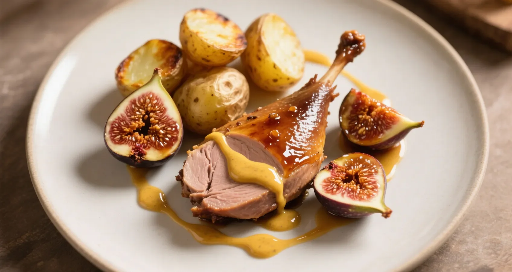 Assiette de magret de canard avec figues caramélisées et pommes de terre rôties