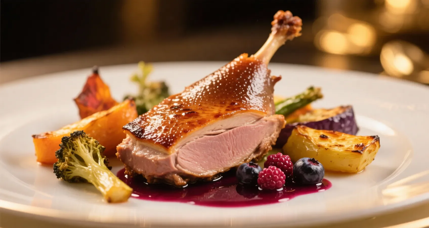 Magret de canard rôti avec accompagnements de légumes de saison et sauce aux fruits rouges