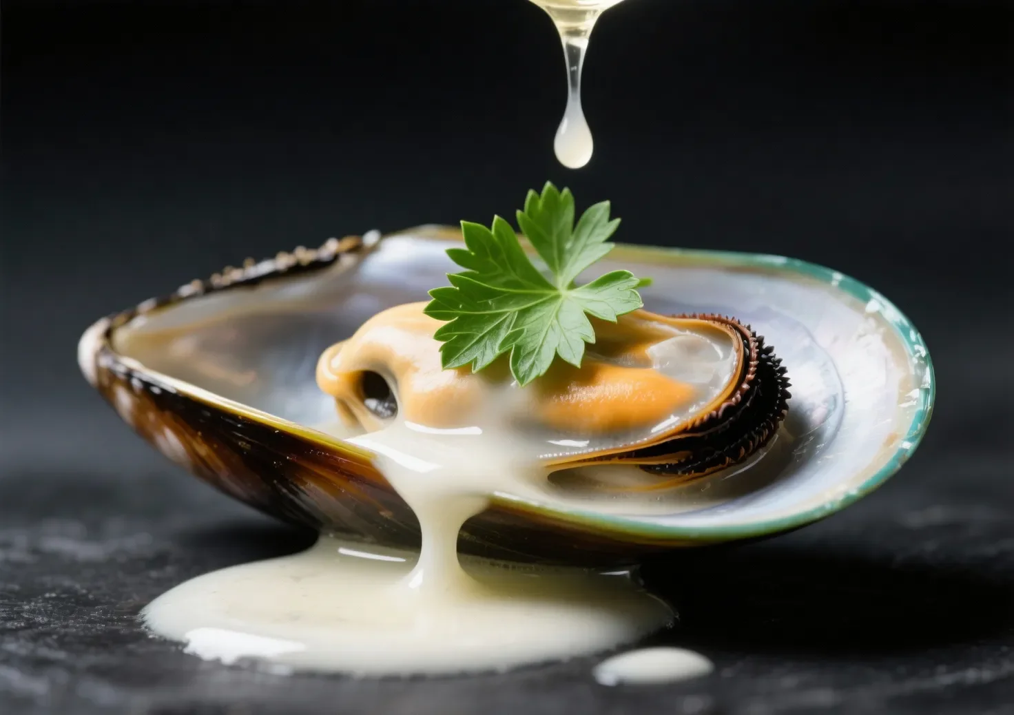 Gros plan sur une moule marinière avec sauce au vin blanc