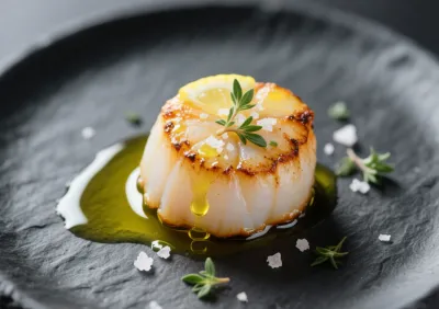 Gros plan sur une noix de Saint-Jacques poêlée, arrosée d'huile d'olive citronnée et d'herbes fraîches