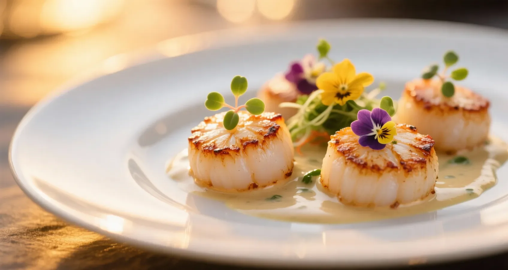 Noix de Saint-Jacques : un accompagnement raffiné pour un plat d'exception Noix de Saint-Jacques poêlées avec une sauce crémeuse et garniture de micro-pousses, présentation gastronomique