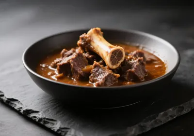 Gros plan sur un osso buco avec moelle visible et sauce onctueuse