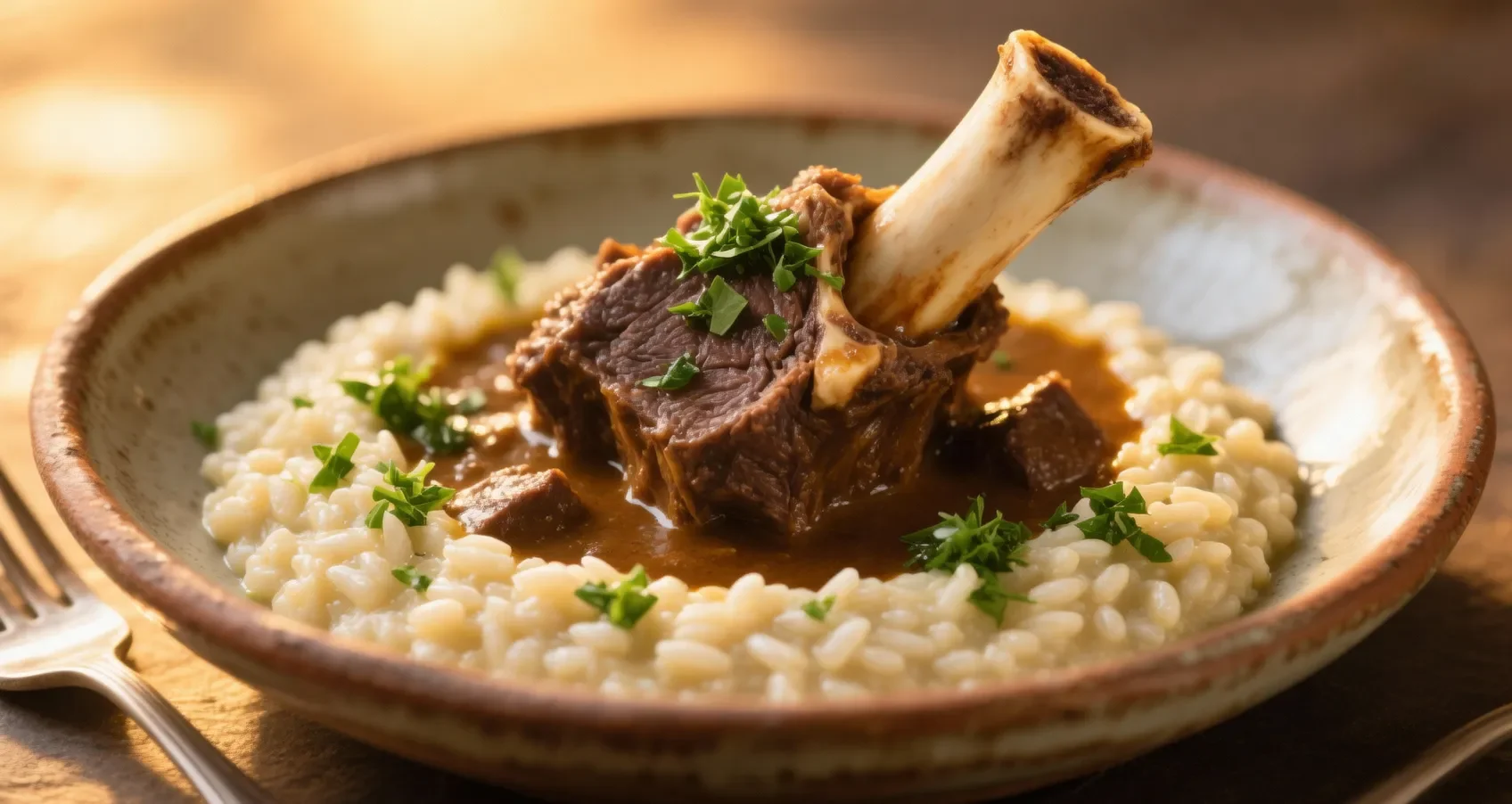 Osso buco traditionnel servi avec un risotto alla milanese dans une assiette en céramique rustique